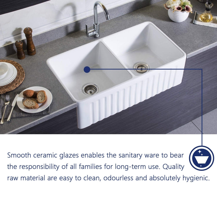 [US Warehouse] Kitchen Counter Square Double Bowls Wash Basin Ceramic Sink(White)