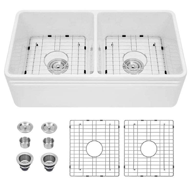 [US Warehouse] Kitchen Counter Square Double Bowls Wash Basin Ceramic Sink(White)
