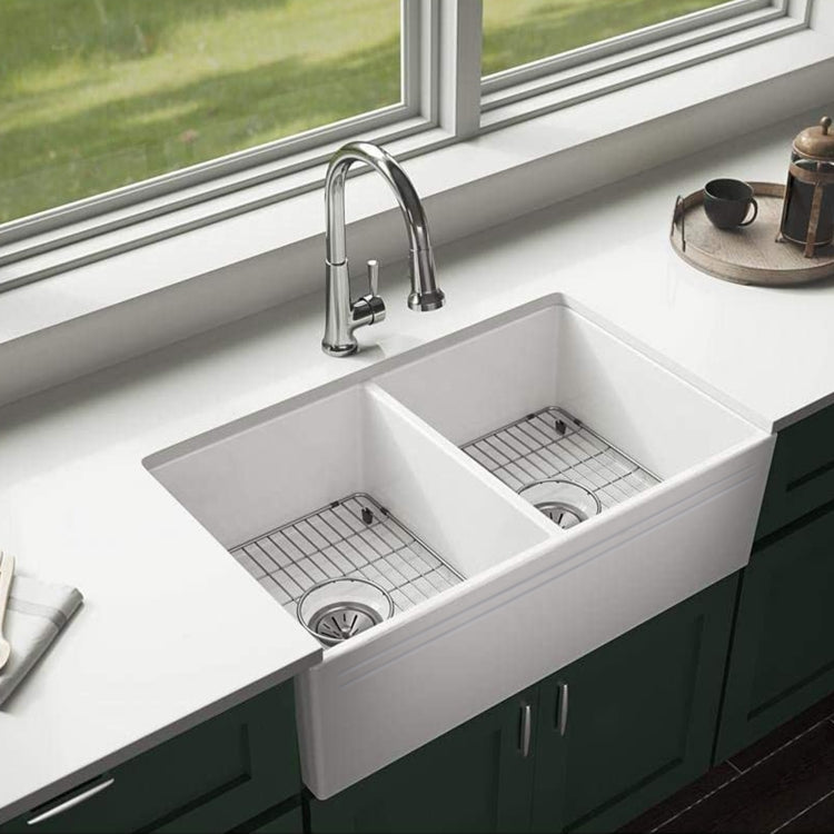 [US Warehouse] Kitchen Counter Square Double Bowls Wash Basin Ceramic Sink(White)