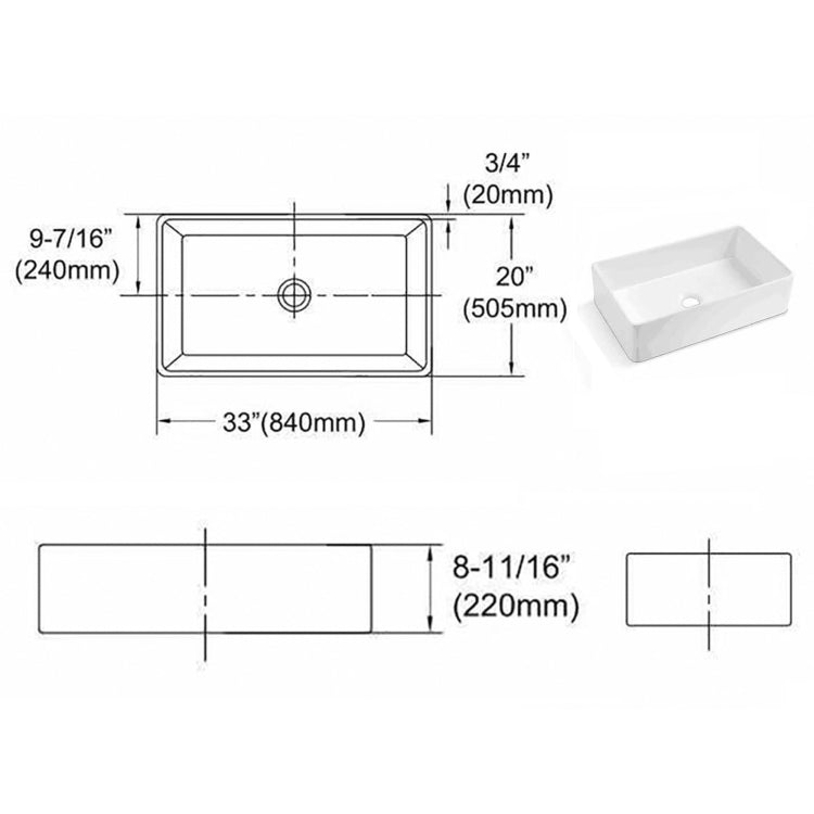 [US Warehouse] Kitchen Counter Square Large Bowl Wash Basin Ceramic Sink(White)