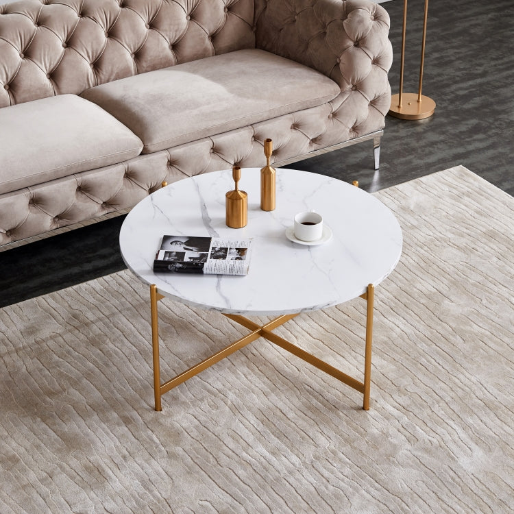 [US Warehouse] 36 inch Modern Round Frame Marble Top Coffee Table(Gold)