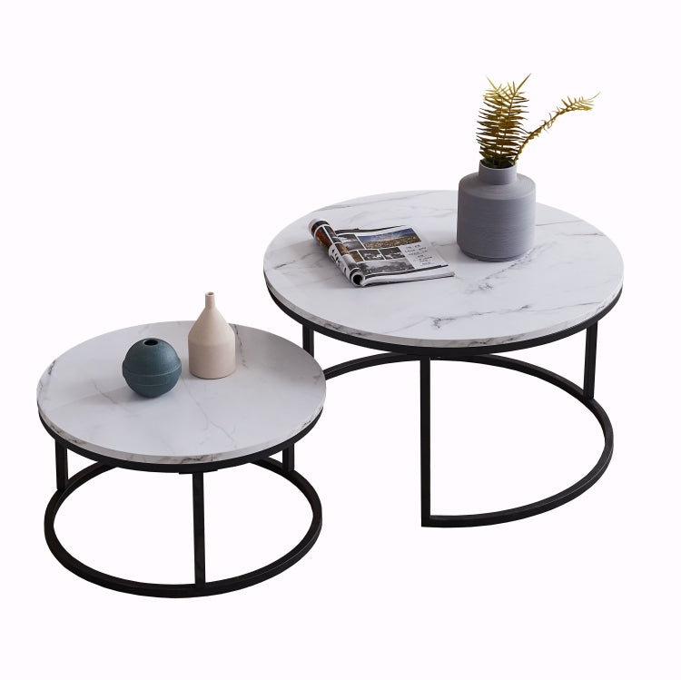 [US Warehouse] 2 in 1 32 inch Modern Round Black Frame Marble Top Coffee Table Set(White)