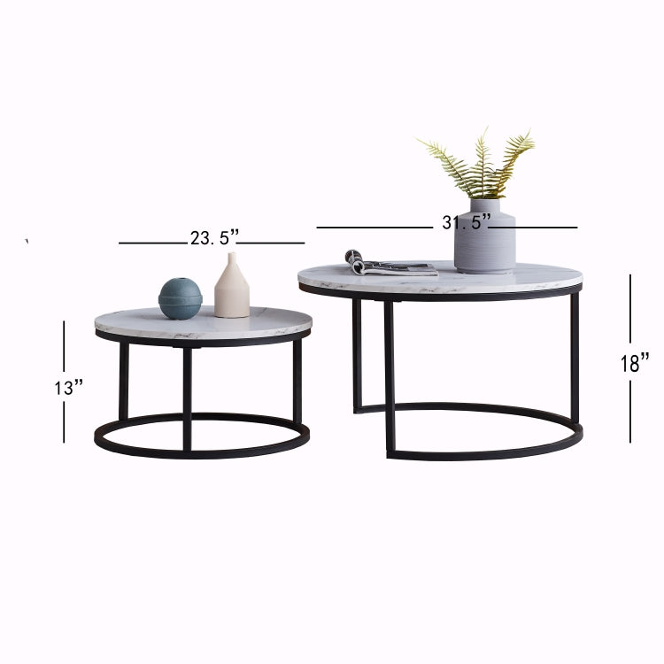 [US Warehouse] 2 in 1 32 inch Modern Round Black Frame Marble Top Coffee Table Set(White)
