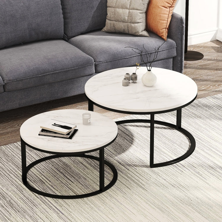 [US Warehouse] 2 in 1 32 inch Modern Round Black Frame Marble Top Coffee Table Set(White)