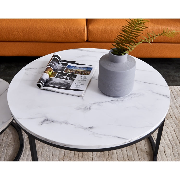 [US Warehouse] 2 in 1 32 inch Modern Round Black Frame Marble Top Coffee Table Set(White)