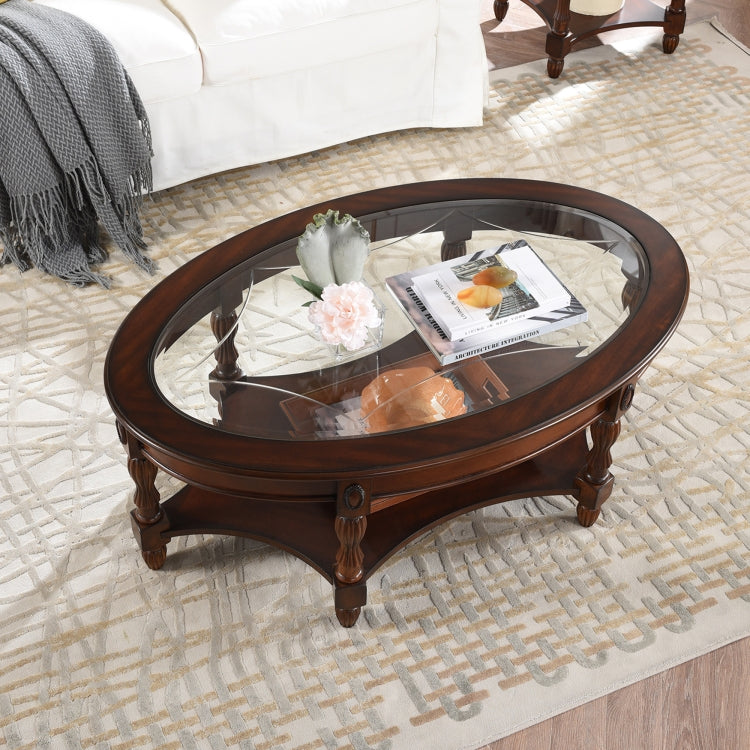 [US Warehouse] Tempered Glass Wood Round Cocktail Table, Size: 116.8 x 73.7 x 45.7cm