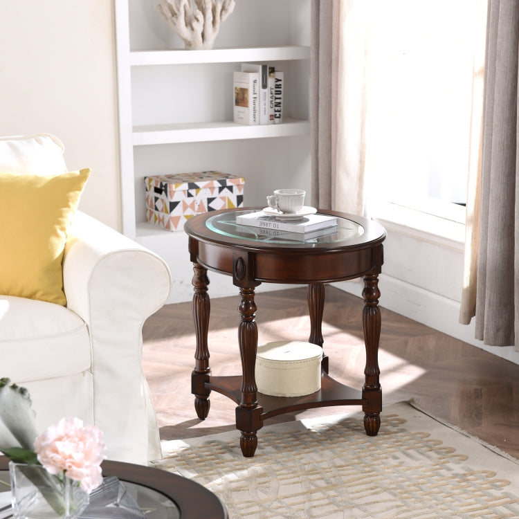 [US Warehouse] Tempered Glass Wood Round End Table, Size: 71.1 x 56 x 61cm