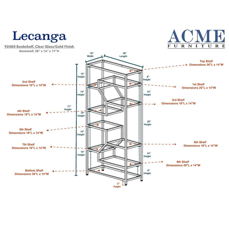 [US Warehouse] Metal+Clear Glass Bookshelf, Size: 38x16x77 inch