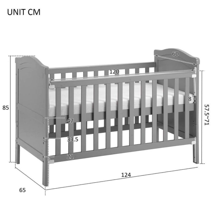 [UK Warehouse] Solid Wood Baby Cot Bed Toddler Bed with Foam Mattress & 3 Adjustable Position (Grey)