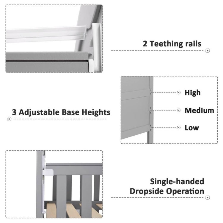 [UK Warehouse] Solid Wood Baby Cot Bed Toddler Bed with Foam Mattress & 3 Adjustable Position (Grey)