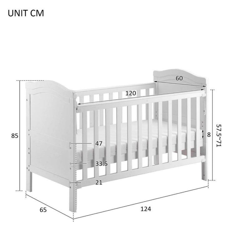 [UK Warehouse] Solid Wood Baby Cot Bed Toddler Bed with Foam Mattress & 3 Adjustable Position (White)