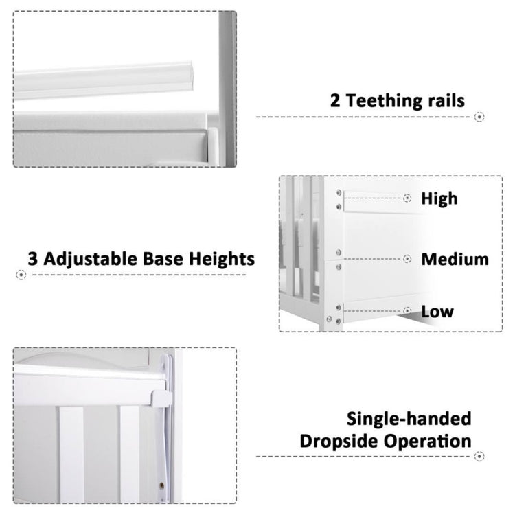 [UK Warehouse] Solid Wood Baby Cot Bed Toddler Bed with Foam Mattress & 3 Adjustable Position (White)