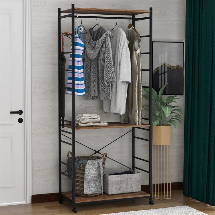 [UK Warehouse] Multi-purpose Coat Rank Stand with Adjustable Shoe Storage Shelves Ladder Shelf with Metal Frame for Bedroom/Office/Entryway(Brown)