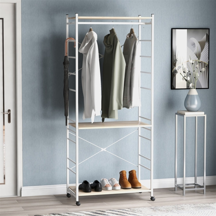 [UK Warehouse] Multi-purpose Coat Rank Stand with Adjustable Shoe Storage Shelves Ladder Shelf with Metal Frame for Bedroom/Office/Entryway(White)