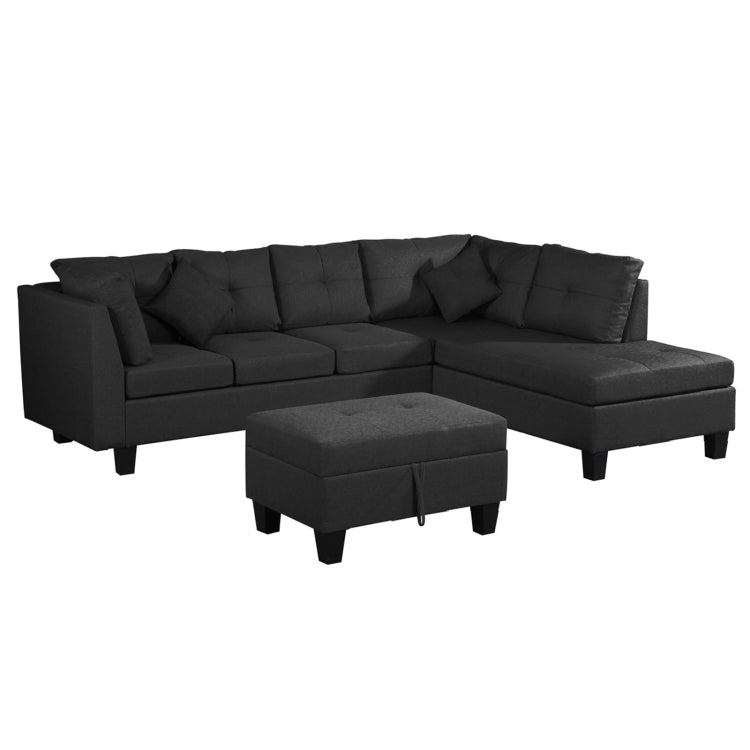 [US Warehouse] Living Room L-shaped Fabric Upholstered Sofa Three-seat Sofa Multifunctional Sofa Bed with Right Recliner & Storage Ottoman & Cushion & Pillow
