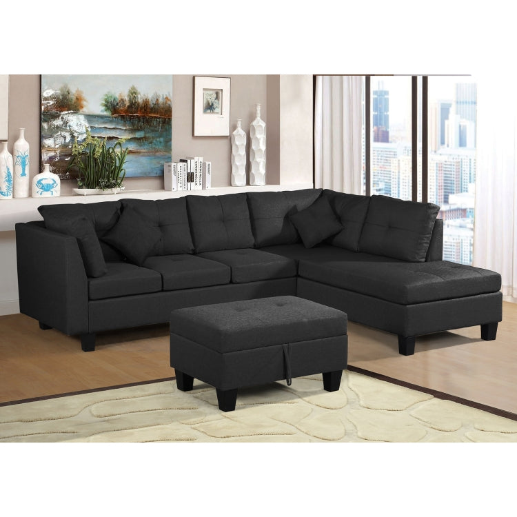 [US Warehouse] Living Room L-shaped Fabric Upholstered Sofa Three-seat Sofa Multifunctional Sofa Bed with Right Recliner & Storage Ottoman & Cushion & Pillow