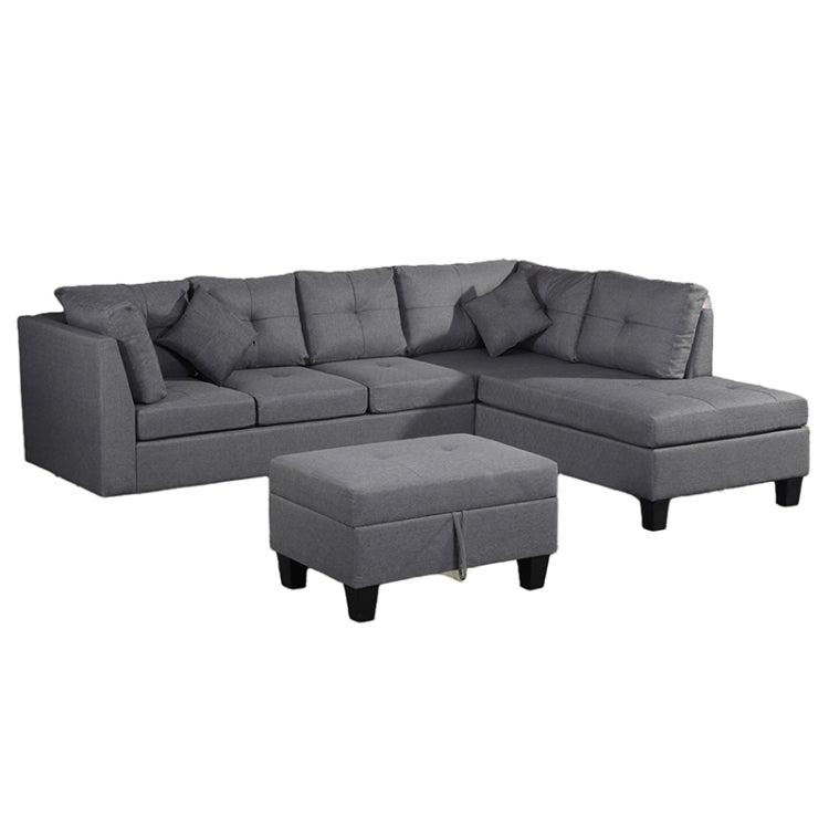 [US Warehouse] Living Room L-shaped Fabric Upholstered Sofa Three-seat Sofa Multifunctional Sofa Bed with Right Recliner & Storage Ottoman & Cushion & Pillow