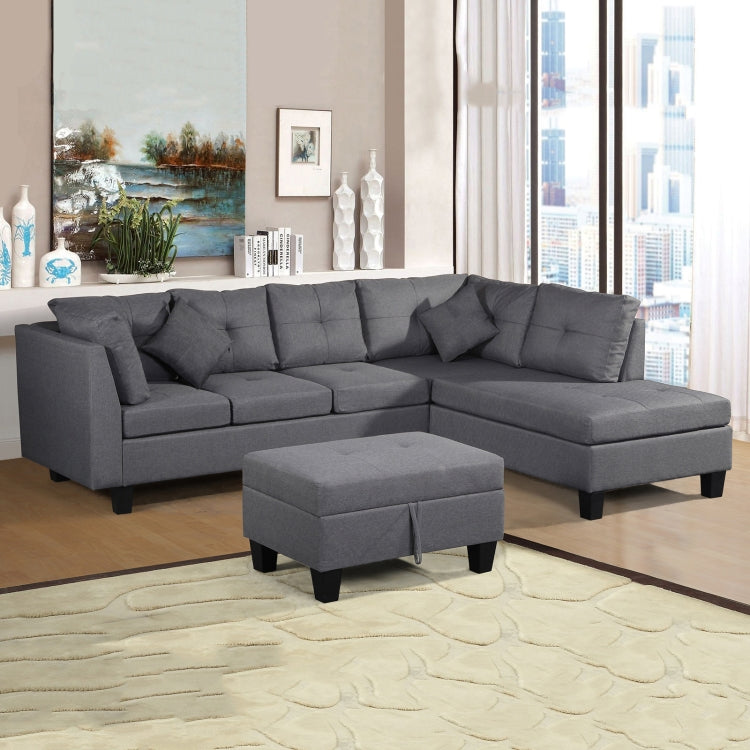 [US Warehouse] Living Room L-shaped Fabric Upholstered Sofa Three-seat Sofa Multifunctional Sofa Bed with Right Recliner & Storage Ottoman & Cushion & Pillow