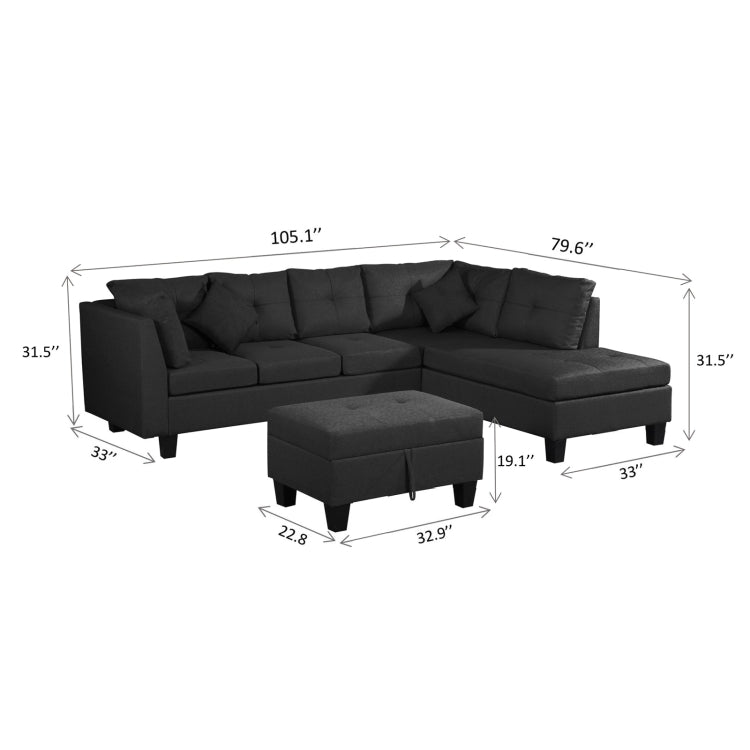 [US Warehouse] Living Room L-shaped Fabric Upholstered Sofa Three-seat Sofa Multifunctional Sofa Bed with Right Recliner & Storage Ottoman & Cushion & Pillow