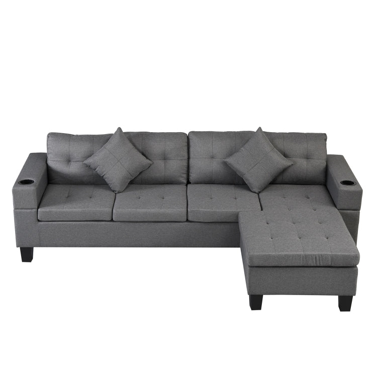[US Warehouse] Living Room Fabric Upholstered Sofa Three-seat Sofa Multifunctional Sofa Bed with Left or Right Recliner & Cup Holders & Cushion & Pillow