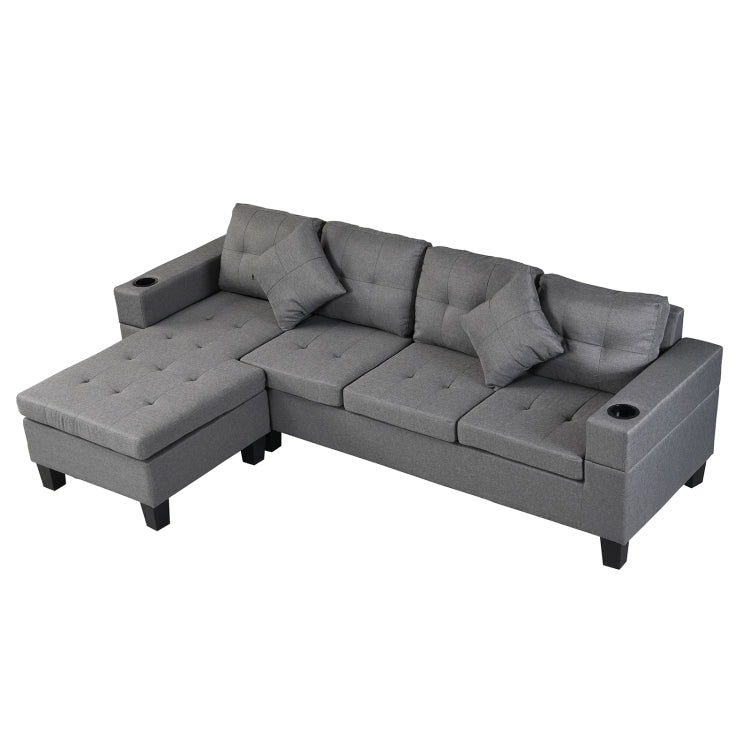 [US Warehouse] Living Room Fabric Upholstered Sofa Three-seat Sofa Multifunctional Sofa Bed with Left or Right Recliner & Cup Holders & Cushion & Pillow
