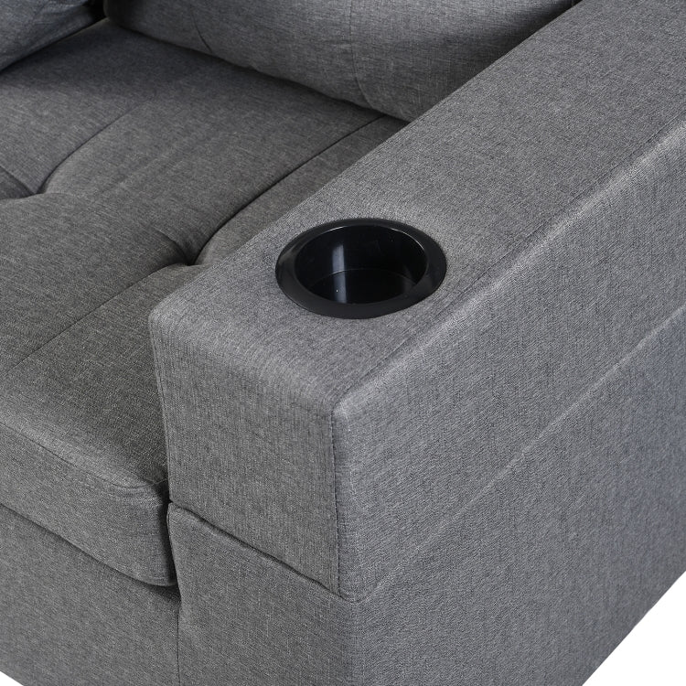 [US Warehouse] Living Room Fabric Upholstered Sofa Three-seat Sofa Multifunctional Sofa Bed with Left or Right Recliner & Cup Holders & Cushion & Pillow