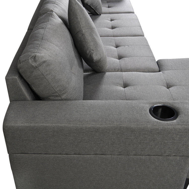 [US Warehouse] Living Room Fabric Upholstered Sofa Three-seat Sofa Multifunctional Sofa Bed with Left or Right Recliner & Cup Holders & Cushion & Pillow