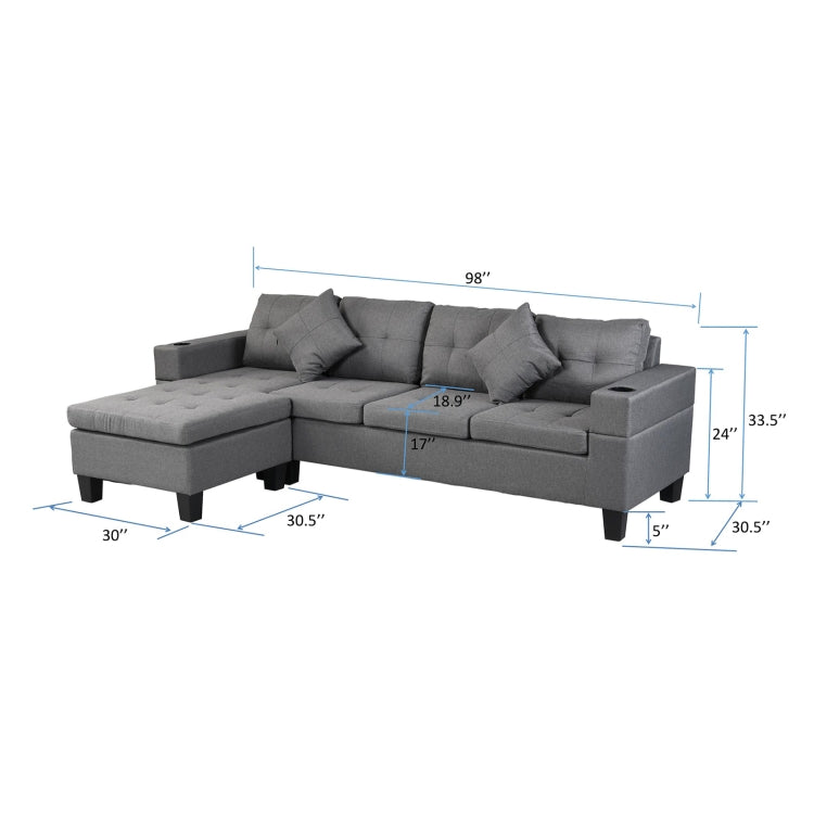 [US Warehouse] Living Room Fabric Upholstered Sofa Three-seat Sofa Multifunctional Sofa Bed with Left or Right Recliner & Cup Holders & Cushion & Pillow