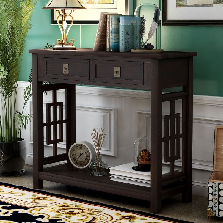 [US Warehouse] Entryway Accent Sofa Table Storage and Displaying Decor Console Table with 2 Drawers and Bottom Shelf, Size: 91 x 36 x 76cm