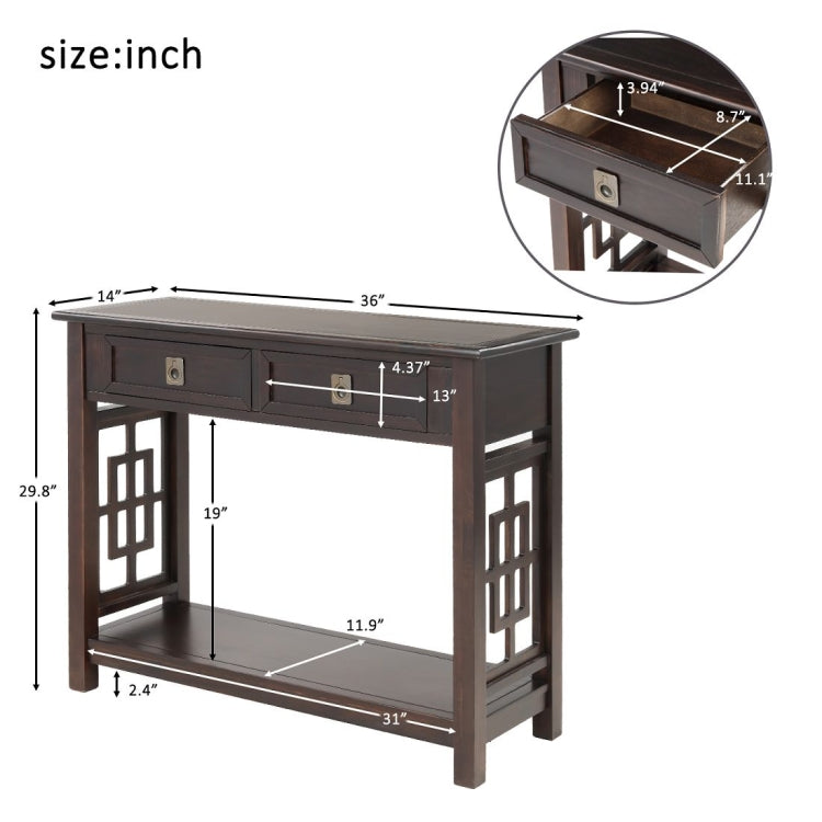 [US Warehouse] Entryway Accent Sofa Table Storage and Displaying Decor Console Table with 2 Drawers and Bottom Shelf, Size: 91 x 36 x 76cm