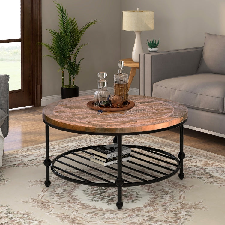 [US Warehouse] Easy Assembly Rustic Natural Round Coffee Table with Storage Shelf for Living Room, Size: 90 x 90 x 46cm