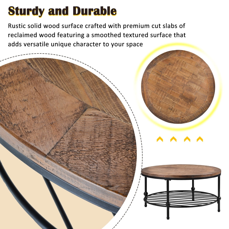 [US Warehouse] Easy Assembly Rustic Natural Round Coffee Table with Storage Shelf for Living Room, Size: 90 x 90 x 46cm
