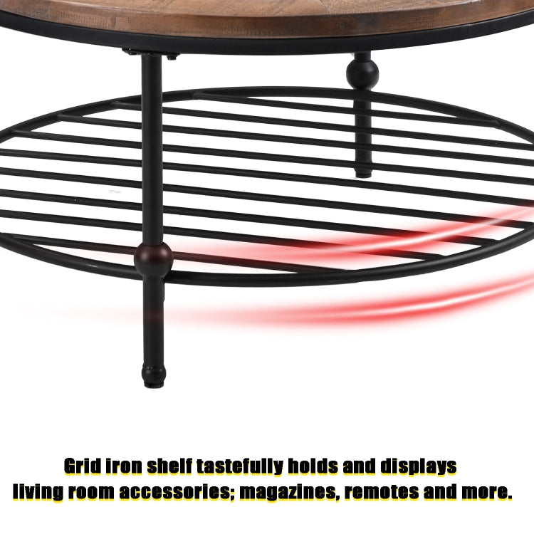 [US Warehouse] Easy Assembly Rustic Natural Round Coffee Table with Storage Shelf for Living Room, Size: 90 x 90 x 46cm