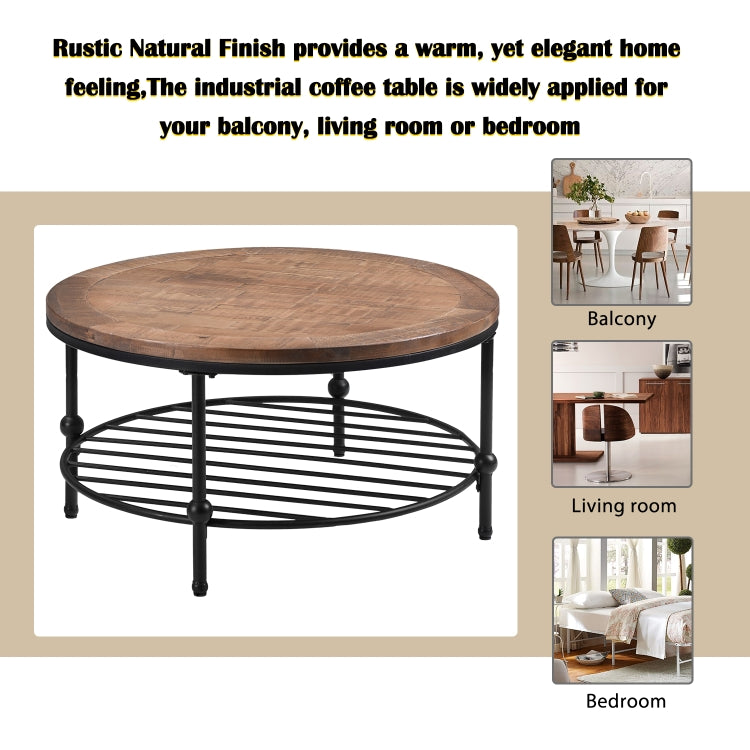[US Warehouse] Easy Assembly Rustic Natural Round Coffee Table with Storage Shelf for Living Room, Size: 90 x 90 x 46cm