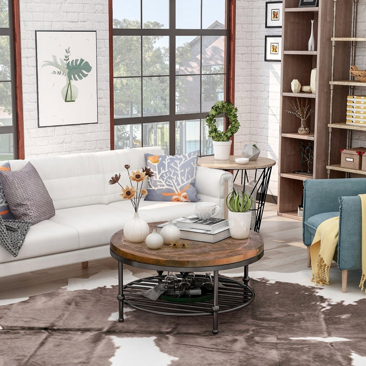 [US Warehouse] Easy Assembly Rustic Natural Round Coffee Table with Storage Shelf for Living Room, Size: 90 x 90 x 46cm