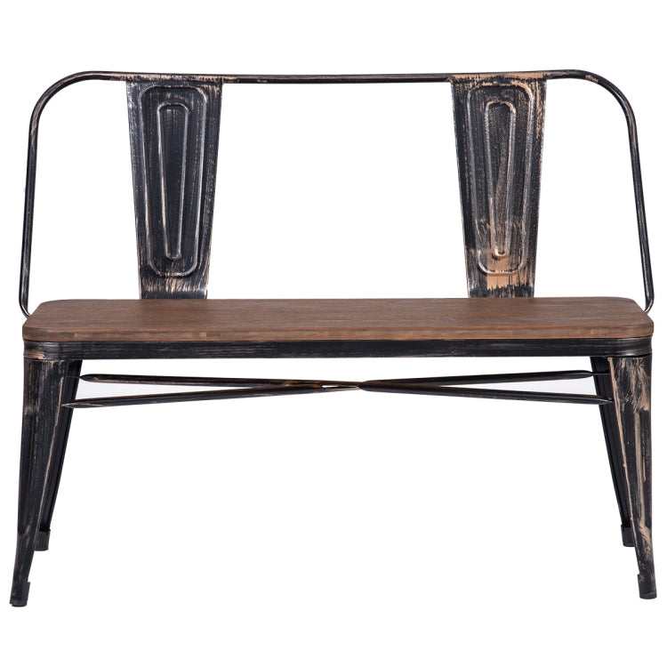 [US Warehouse] Rustic Vintage Style Distressed Dining Table Bench with Wooden Seat Panel & Metal Backrest & Legs, Size: 107 x 42 x 84cm(Golden Black)