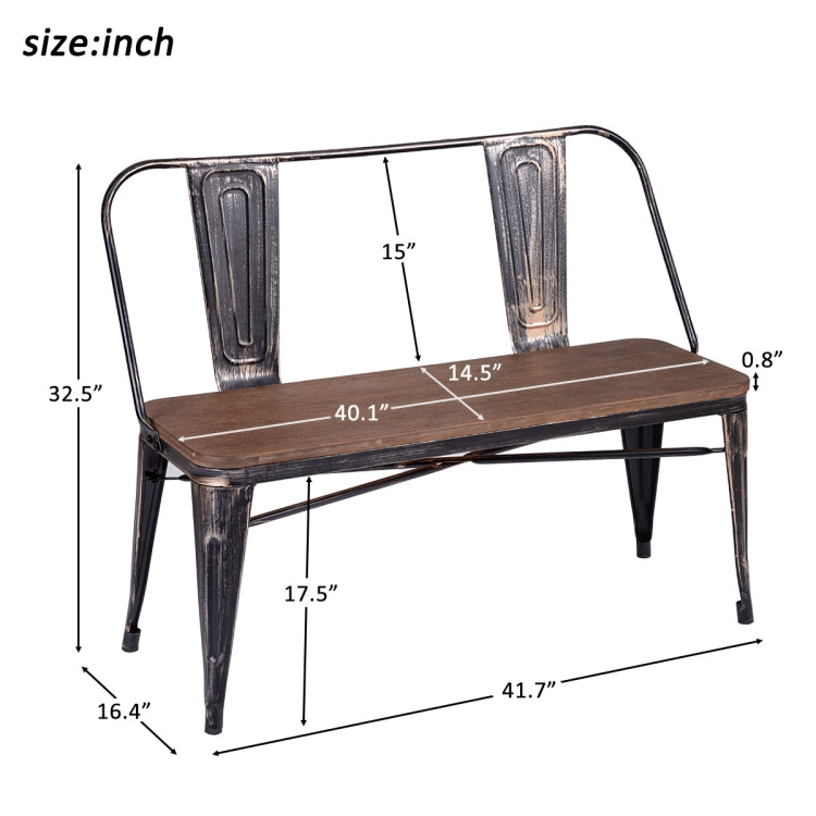 [US Warehouse] Rustic Vintage Style Distressed Dining Table Bench with Wooden Seat Panel & Metal Backrest & Legs, Size: 107 x 42 x 84cm(Golden Black)