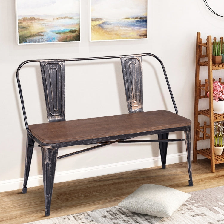 [US Warehouse] Rustic Vintage Style Distressed Dining Table Bench with Wooden Seat Panel & Metal Backrest & Legs, Size: 107 x 42 x 84cm(Golden Black)