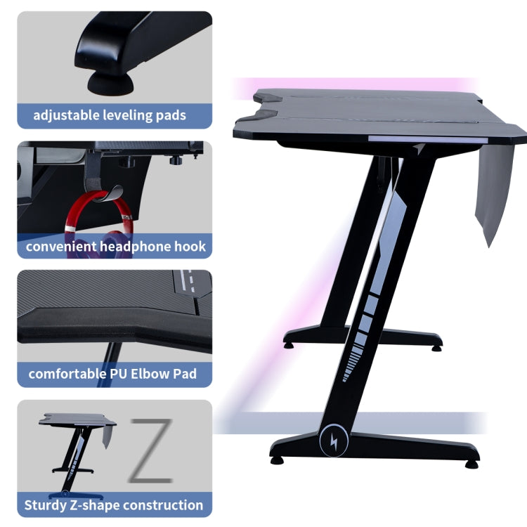 [US Warehouse] Z Shaped Home Office Gaming PC Computer Table Desks Workstation with RGB LED Lights, Headphone Hook, Ajustable Pads, Size: 152 x 76 x 77cm(Black)