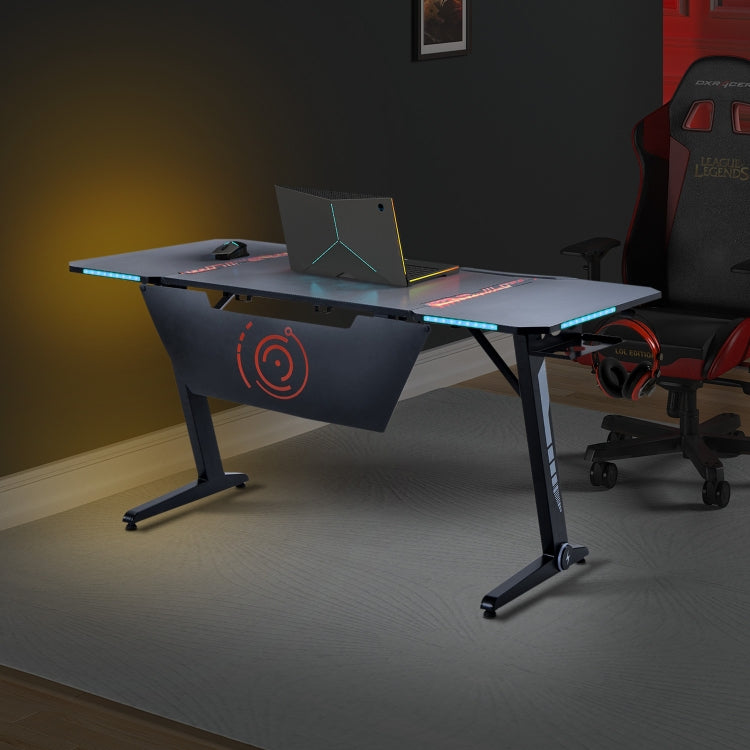 [US Warehouse] Z Shaped Home Office Gaming PC Computer Table Desks Workstation with RGB LED Lights, Headphone Hook, Ajustable Pads, Size: 152 x 76 x 77cm(Black)