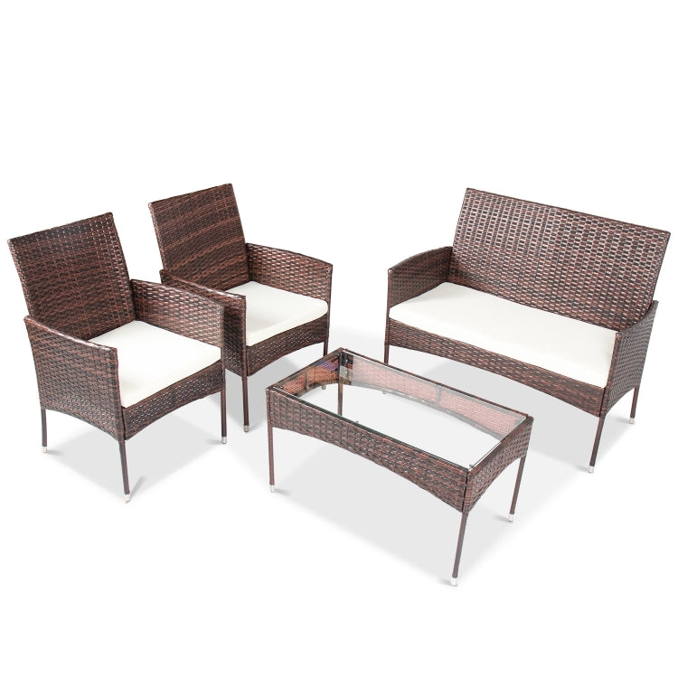 [US Warehouse] 4 in 1 Outdoor Sectional Cushioned Seat Rattan Patio Furniture Wicker Conversation Garden Lawn Sofa Set