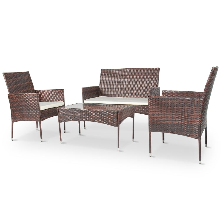 [US Warehouse] 4 in 1 Outdoor Sectional Cushioned Seat Rattan Patio Furniture Wicker Conversation Garden Lawn Sofa Set
