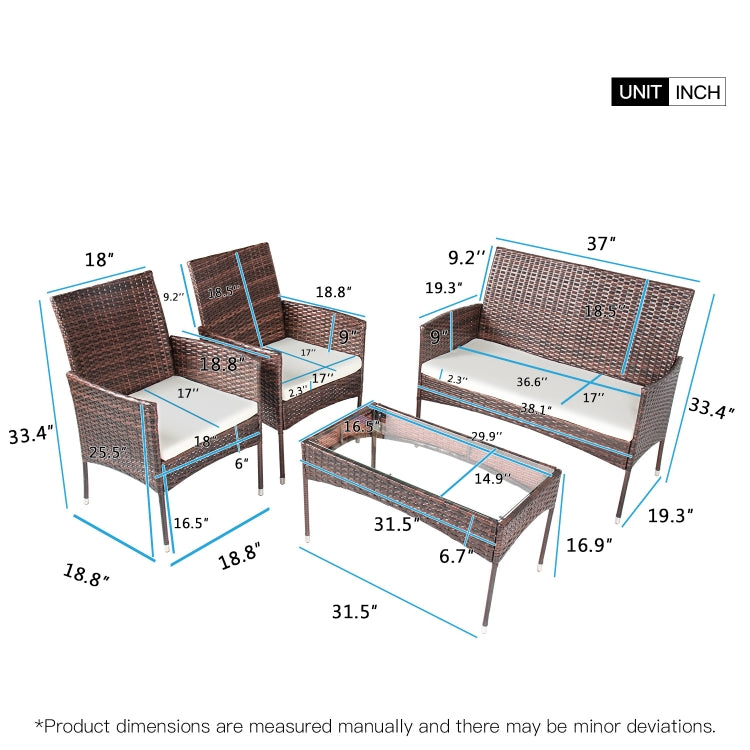 [US Warehouse] 4 in 1 Outdoor Sectional Cushioned Seat Rattan Patio Furniture Wicker Conversation Garden Lawn Sofa Set