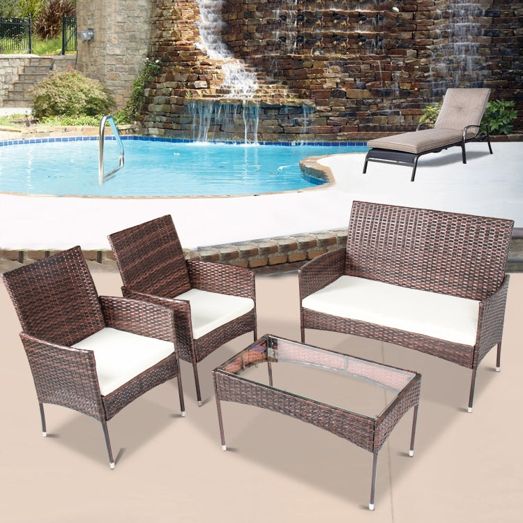 [US Warehouse] 4 in 1 Outdoor Sectional Cushioned Seat Rattan Patio Furniture Wicker Conversation Garden Lawn Sofa Set
