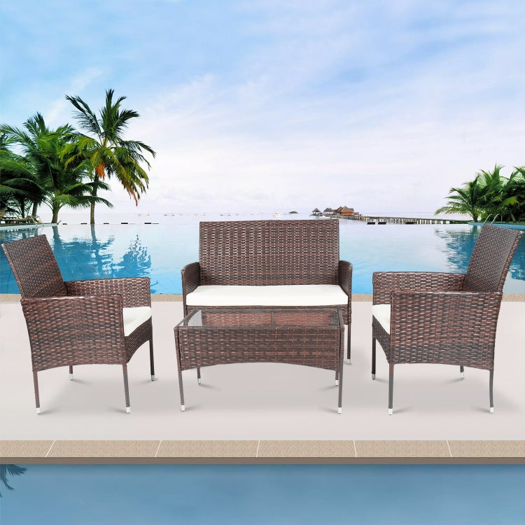 [US Warehouse] 4 in 1 Outdoor Sectional Cushioned Seat Rattan Patio Furniture Wicker Conversation Garden Lawn Sofa Set