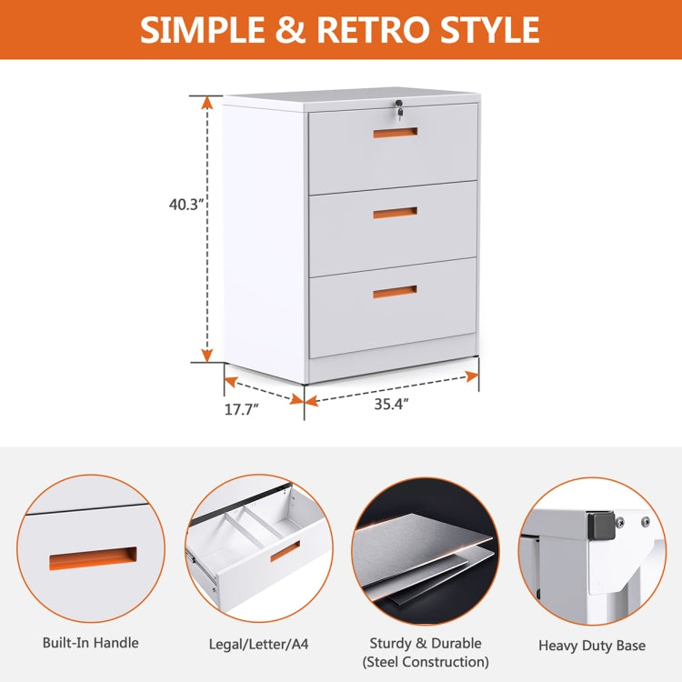 [US Warehouse] Metal Lateral File Cabinet with Lock & 3-Drawers, Size: 90 x 45 x 102cm(White+Orange)