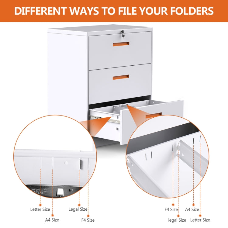 [US Warehouse] Metal Lateral File Cabinet with Lock & 3-Drawers, Size: 90 x 45 x 102cm(White+Orange)