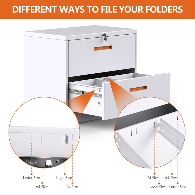 [US Warehouse] Metal Lateral File Cabinet with Lock & 2-Drawers, Size: 90 x 45 x 72cm(White+Orange)