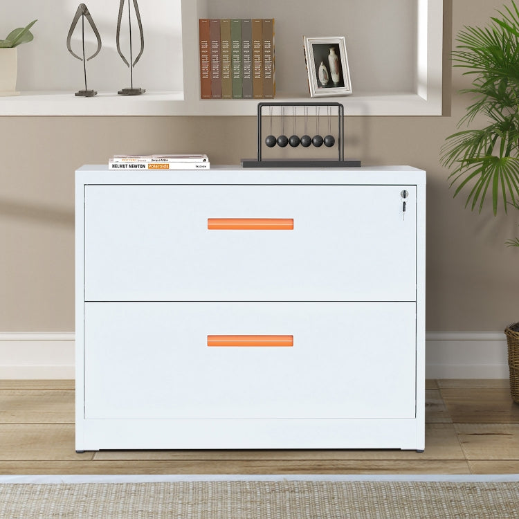 [US Warehouse] Metal Lateral File Cabinet with Lock & 2-Drawers, Size: 90 x 45 x 72cm(White+Orange)