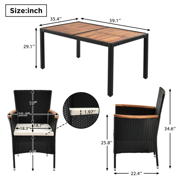 [US Warehouse] 7 in 1 PE Rattan Outdoor Patio Dining Set with Armrest & Cushions